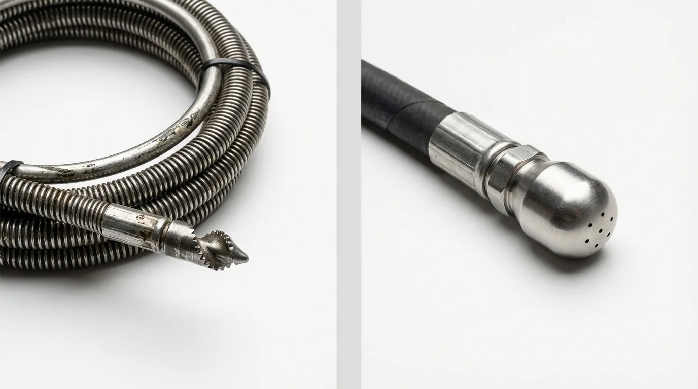 Drain snake cable and hydro jetting nozzle used for drain cleaning in Monroeville, AL