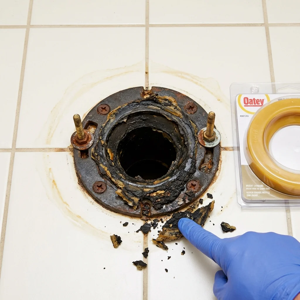 Failed wax ring showing water seepage at the base of a toilet in a Monroeville, AL home